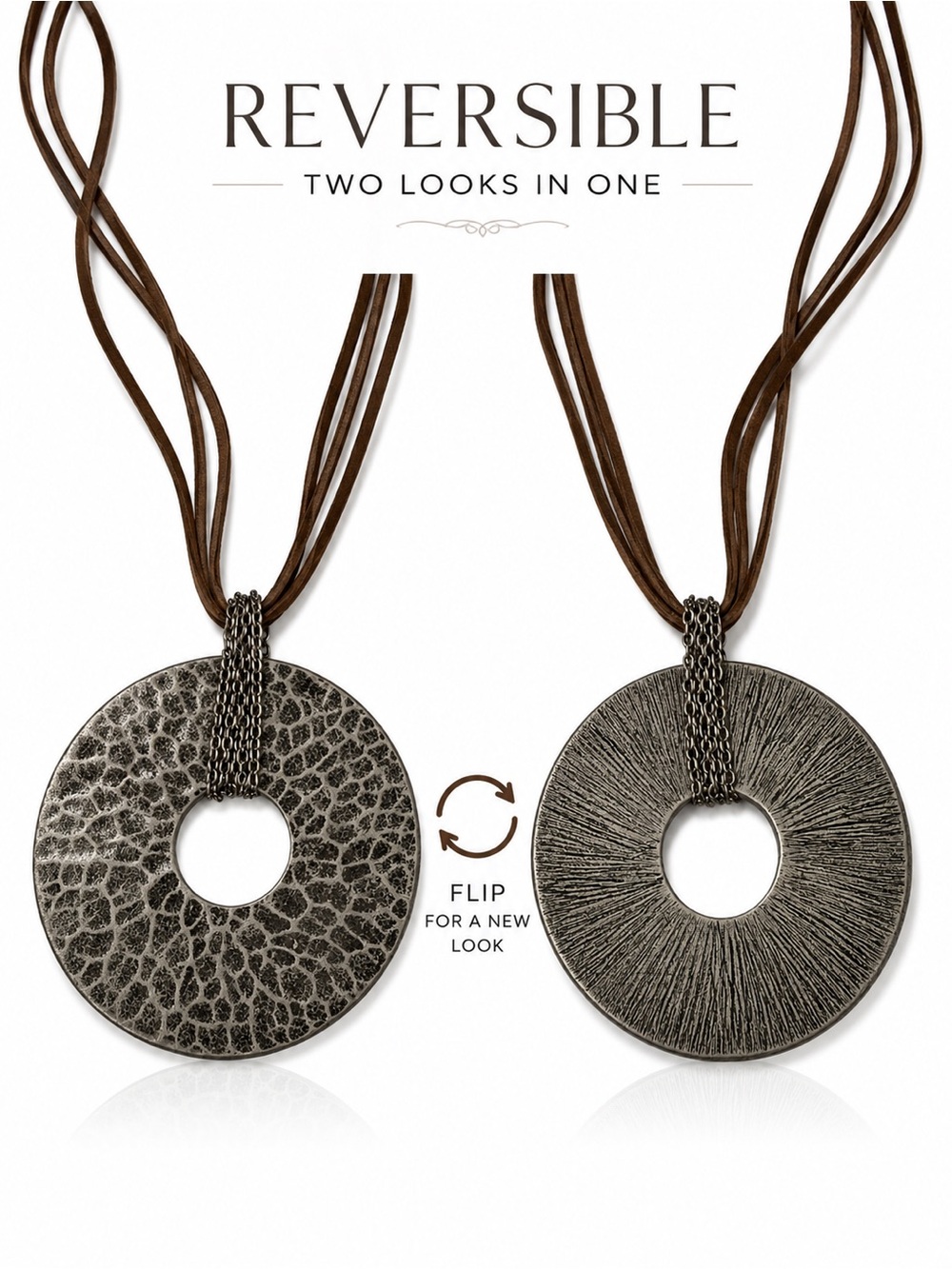 Reversible Textured Circle Pendant Necklace | Brown Multi-Strand Cord | Gunmetal - Picture 1 of 13